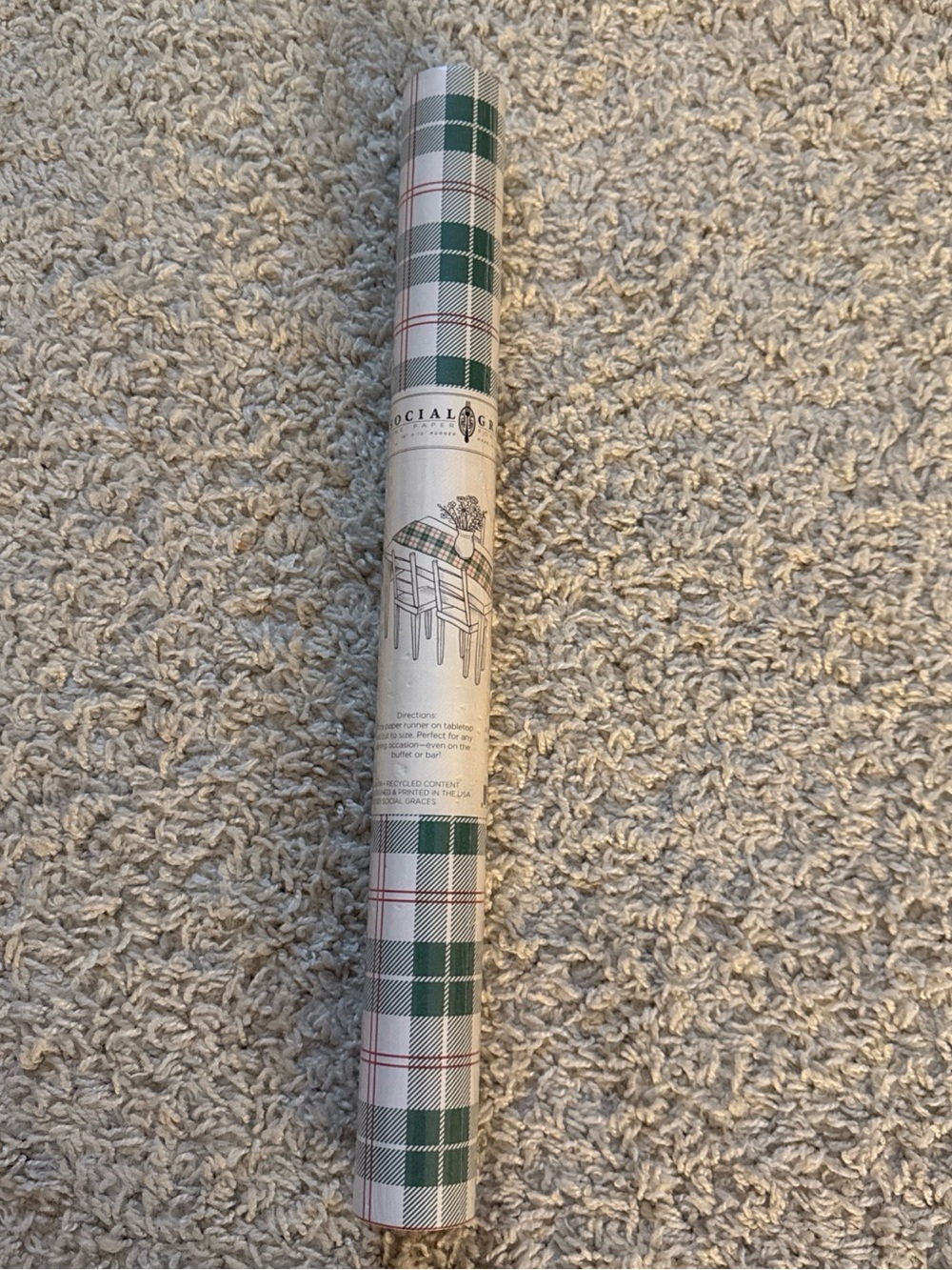 Social Graces Green, cream & red Plaid Table Cover Roll - Party Table Runner
